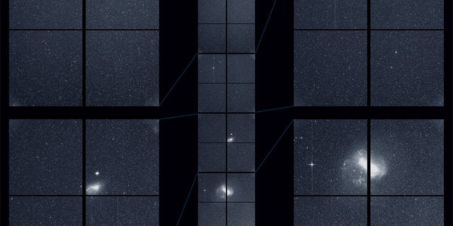 The Transiting Exoplanet Survey Satellite (TESS) captured this strip of stars and galaxies in the southern sky during one 30-minute period on Tuesday, Aug. 7. Created by combining the view from all four of its cameras, this is TESS’ “first light,” from the first observing sector that will be used for identifying planets around other stars. Notable features in this swath of the southern sky include the Large and Small Magellanic Clouds and a globular cluster called NGC 104, also known as 47 Tucanae. The brightest stars in the image, Beta Gruis and R Doradus, saturated an entire column of camera detector pixels on the satellite’s second and fourth cameras. No object labels.
