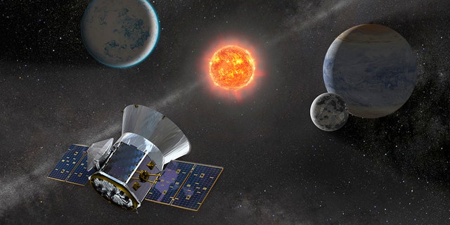 An artist's illustration of NASA's Transiting Exoplanet Survey Satellite, which will search for small planets around nearby stars.