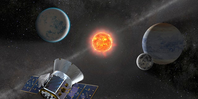 An artist's illustration of NASA's Transiting Exoplanet Survey Satellite, which will search for small planets around nearby stars.