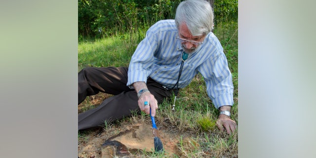 Local dinosaur expert Ray Stanford points out the impression to Goddard officials and members of local media (Credit: NASA/Goddard/Rebecca Roth)
