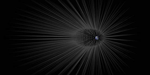 This illustration shows Earth surrounded by theoretical filaments of dark matter called "hairs." (Credit: NASA/JPL-Caltech)