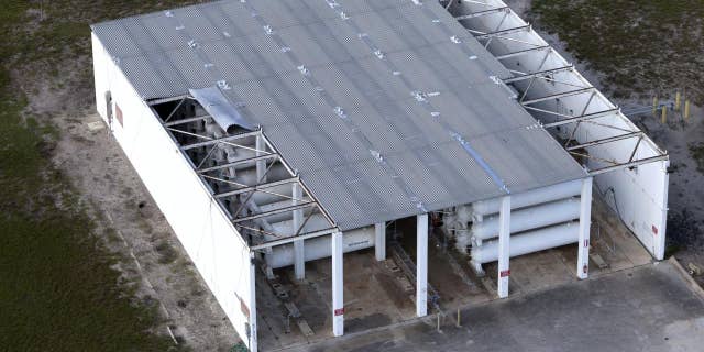 A tank stroage unit near Launch Complex 39 is seen during an aerial survey of NASA's Kennedy Space Center in Florida on September 12, 2017.