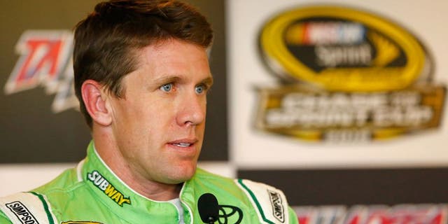 TALLADEGA, AL - OCTOBER 21: Carl Edwards, driver of the #19 Subway Toyota, holds a press conference after practice for the NASCAR Sprint Cup Series Hellmann's 500 at Talladega Superspeedway on October 21, 2016 in Talladega, Alabama. (Photo by Jonathan Ferrey/NASCAR via Getty Images)