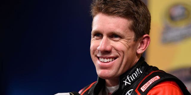KANSAS CITY, KS - OCTOBER 14: Carl Edwards, driver of the #19 Xfinity Toyota, holds a press conference after practice for the NASCAR Sprint Cup Series Hollywood Casino 400 at Kansas Speedway on October 14, 2016 in Kansas City, Kansas. (Photo by Josh Hedges/Getty Images)
