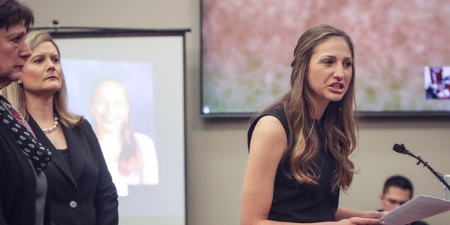 Former family friend to the Nassar family, and babysitter to Nassar's children Kyle Stephens, right, addresses Larry Nassar Tuesday, Jan. 16, 2018, during the first day of the victim impact statements addressing the former sports medicine doctor in Circuit Court Rosemarie Aquilina's courtroom in Lansing, Mich.