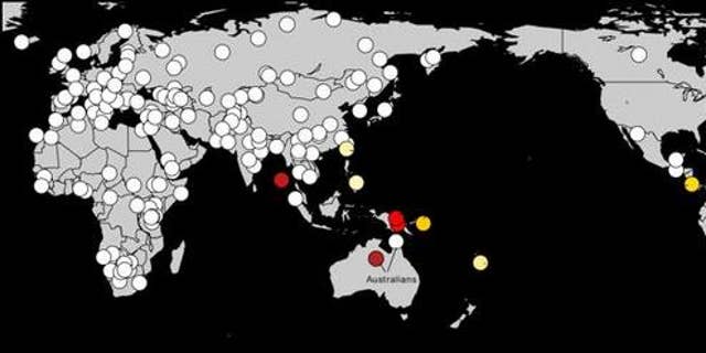 Scientists have found deep genetic links between Amazonian natives in South America and Australasians (warmer colors indicate the strongest affinities).