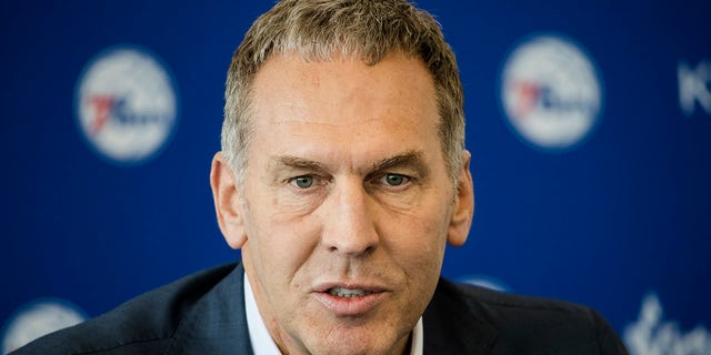 Philadelphia 76ers general manager Bryan Colangelo speaks during a news conference at the NBA basketball team's practice facility in Camden, N.J.
