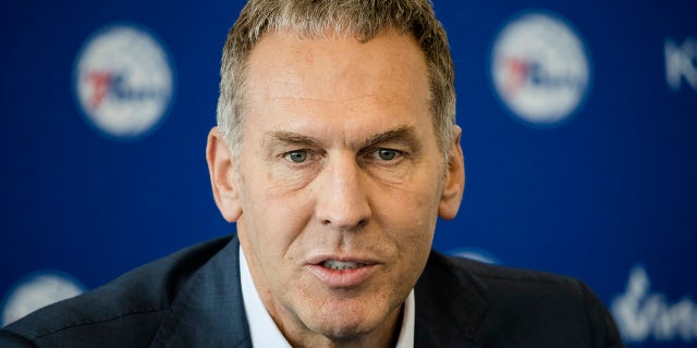 Philadelphia 76ers general manager Bryan Colangelo speaks during a news conference at the NBA basketball team's practice facility in Camden, N.J.