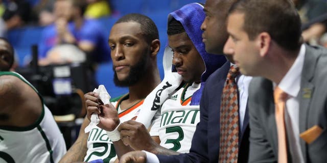 Mar 17, 2017; Tulsa, OK, USA; Miami Hurricanes forward Anthony Lawrence Jr. (3) reacts during the second half against the Michigan State Spartans in the first round of the 2017 NCAA Tournament at BOK Center. Michigan State defeated Miami 78-58. Mandatory Credit: Brett Rojo-USA TODAY Sports