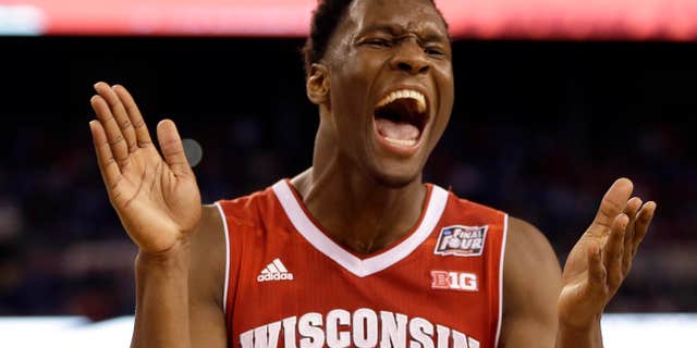 April 4, 2015: Wisconsin's Nigel Hayes reacts during the second half of the NCAA Final Four tournament college basketball semifinal game against Kentucky.
