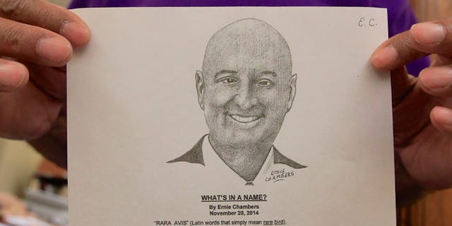 March 18, 2015: Nebraska State Sen. Ernie Chambers of Omaha holds in his Lincoln, Neb., office a portrait and poem he made of Neb. Gov. Pete Ricketts.