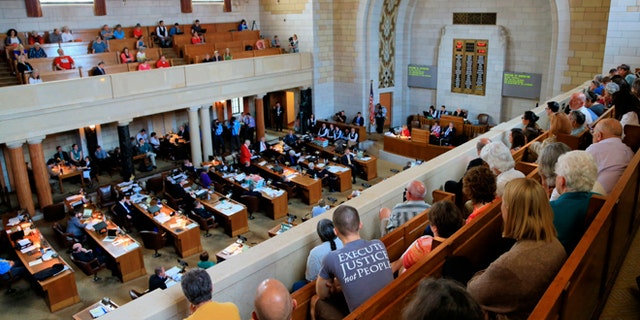 May 27, 2015: Nebraska lawmakers debate in Lincoln, Neb., whether to override a veto of a death penalty repeal bill.