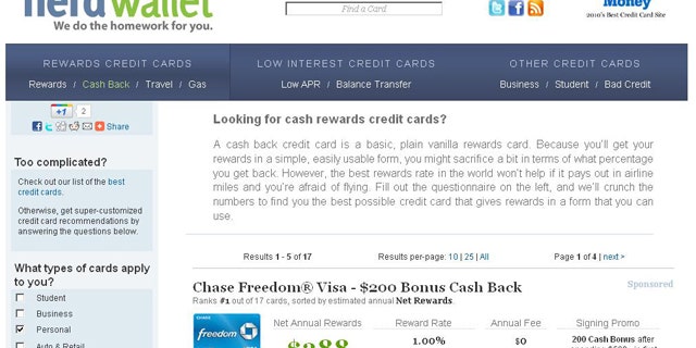 A screenshot of the website for credit-card comparison site NerdWallet, which offers to do the "nerding" work for you.