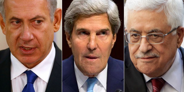 From left to right, Israeli Prime Minister Benjamin Netanyahu, Secretary of State John Kerry and Palestinian President Mahmoud Abbas.