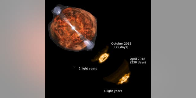 The simulated radio images in this not-to-scale artist's illustration show superfast jets blasting from the black hole created by the merger of two neutron stars, a dramatic event observed in August 2017. In the 155 days between two observations, the jet appeared to move 2 light-years, a distance that would require it to travel four times faster than light. This "superluminal motion" is an illusion created as the jet is pointed nearly toward the Earth; it is actually moving at about 97 percent light speed.
