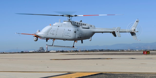 Oct. 31, 2013: An MQ-8C Fire Scout unmanned aerial vehicle takes off from Naval Base Ventura County at Point Mugu. The Navy's newest variant of the Fire Scout unmanned helicopter completed its first day of flying Oct. 31 with two flights reaching 500 feet altitude.