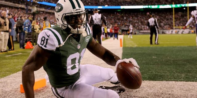 EAST RUTHERFORD, NJ - NOVEMBER 27: Quincy Enunwa #81 of the New York Jets celebrates after scoring a touchdown against the New York Jets during the fourth quarter in the game at MetLife Stadium on November 27, 2016 in East Rutherford, New Jersey. (Photo by Michael Reaves/Getty Images)