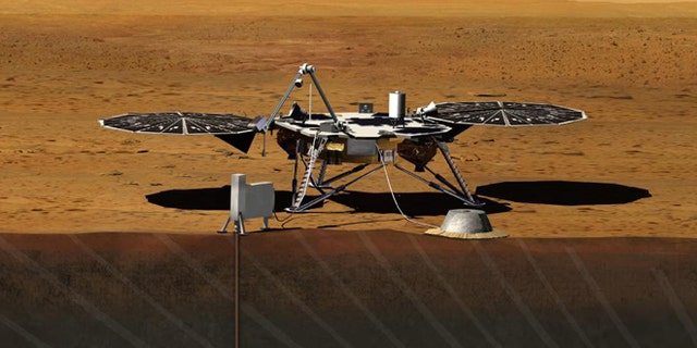 Artist rendition of the proposed InSight (Interior exploration using Seismic Investigations, Geodesy and Heat Transport) Lander. InSight is based on the proven Phoenix Mars spacecraft and lander design with state-of-the-art avionics.