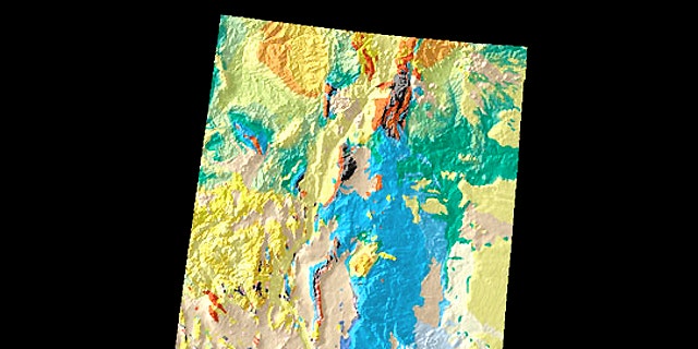 A geologic and topographic map of New Mexico, showing the ages of the rocks that make up the state: yellow and orange rocks come from the Tertiary Period and are 40 to 6o million years old, while blue colors indicate Permian-era rocks that can be as much as 250 million years old.