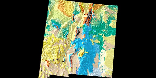 A geologic and topographic map of New Mexico, showing the ages of the rocks that make up the state: yellow and orange rocks come from the Tertiary Period and are 40 to 6o million years old, while blue colors indicate Permian-era rocks that can be as much as 250 million years old.