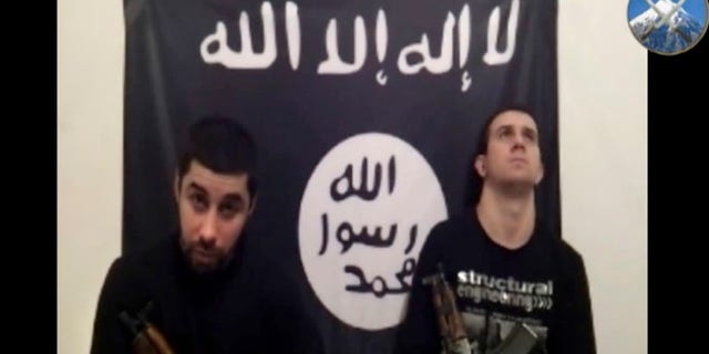 In this image made from a video posted online Sunday, Jan. 19, 2014 by an Islamic militant group asserting responsibility for suicide bombings last month that killed 34 people in Volgograd, Russia, two men, identified as Suleiman and Abdurakhman and who purportedly carried out the twin suicide bombings are seen at an unknown location.
