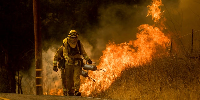 Firefighters light backfire while trying to keep a wildfire from jumping Santa Ana Rd. near Ventura, Calif.