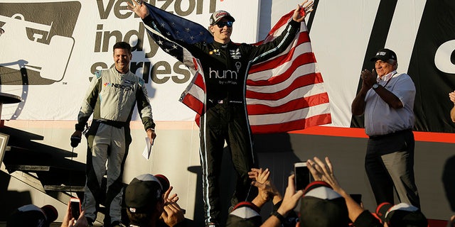 Josef Newgarden celebrates after winning the 2017 IndyCar championship in Sonoma, Calif.