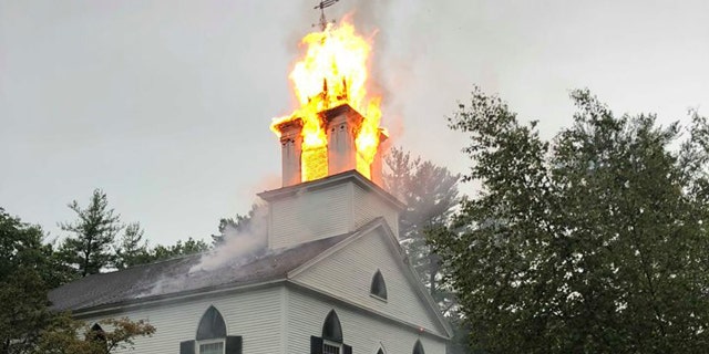 Lightning struck the steeple of the Crosswords Community Church in Bow, N.H. on Tuesday, destroying the steeple as storms passed through the area.