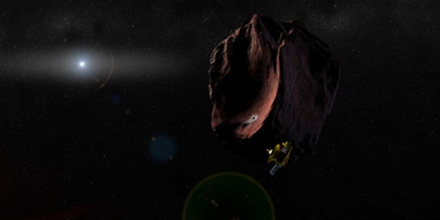 Artist's impression of NASA's New Horizons spacecraft encountering a Pluto-like object in the distant Kuiper Belt.