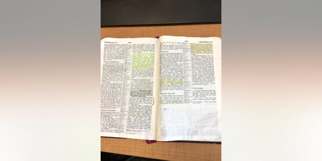 The Bible on the desk of Maj. Steve Lewis.