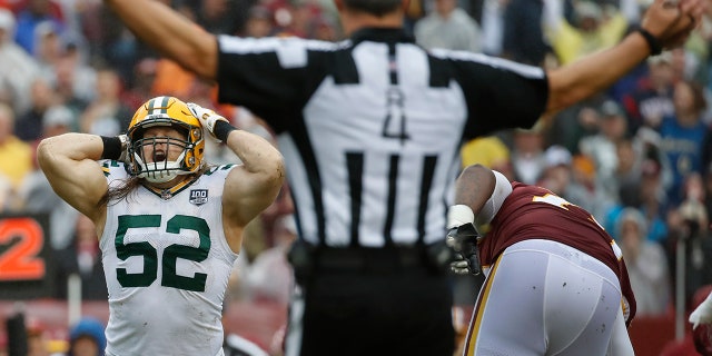 Clay Matthews reacts to a controversial penalty during his game against the Redskins.