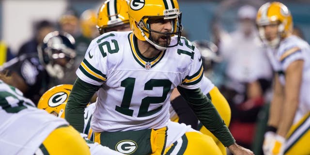 Nov 28, 2016; Philadelphia, PA, USA; Green Bay Packers quarterback Aaron Rodgers (12) calls a play Philadelphia Eagles during the first quarter at Lincoln Financial Field. Mandatory Credit: Bill Streicher-USA TODAY Sports