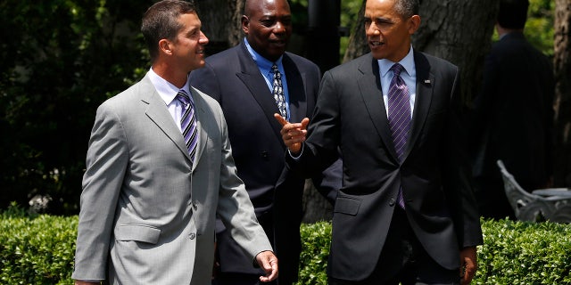 Harbaugh and Newsome were among those visiting the White House and President Obama after winning the Super Bowl in 2013.