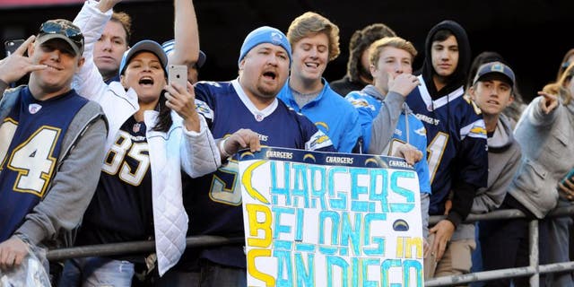 Jan 1, 2017; San Diego, CA, USA; A San Diego Chargers fan holds up a sign referencing the possible move to Los Angeles by the team during the second half of the game against the Kansas City Chiefs at Qualcomm Stadium. The Chiefs won 37-27. Mandatory Credit: Orlando Ramirez-USA TODAY Sports