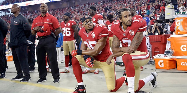 Colin Kaepernick, rightmost, began kneeling during the 2016 season to demonstrate against police brutality and racial inequality.