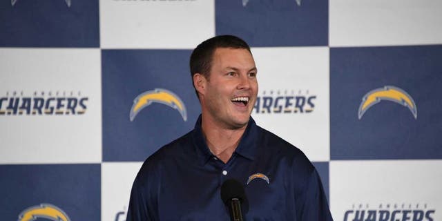 Jan 18, 2017; Inglewood, CA, USA; Los Angeles Chargers quarterback Philip Rivers speaks during the Los Angeles Chargers Kickoff Ceremony at the The Forum. Mandatory Credit: Kirby Lee-USA TODAY Sports