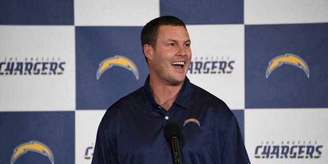 Jan 18, 2017; Inglewood, CA, USA; Los Angeles Chargers quarterback Philip Rivers speaks during the Los Angeles Chargers Kickoff Ceremony at the The Forum. Mandatory Credit: Kirby Lee-USA TODAY Sports