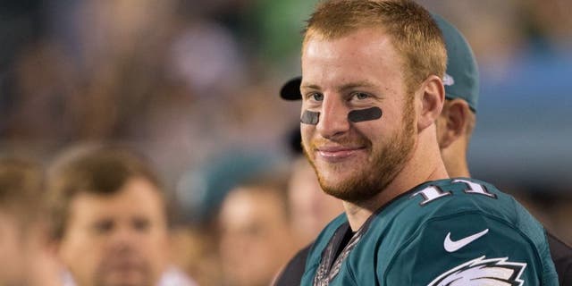 Sep 25, 2016; Philadelphia, PA, USA; Philadelphia Eagles quarterback Carson Wentz (11) on the sideline during action against the Pittsburgh Steelers at Lincoln Financial Field. The Philadelphia Eagles won 34-3. Mandatory Credit: Bill Streicher-USA TODAY Sports