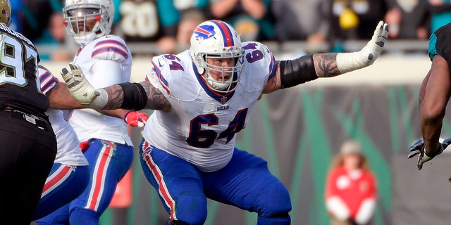 Buffalo Bills offensive guard Richie Incognito (64) sets up to block against the Jacksonville Jaguars during the second half of an NFL wild-card playoff football game in Jacksonville, Fla.