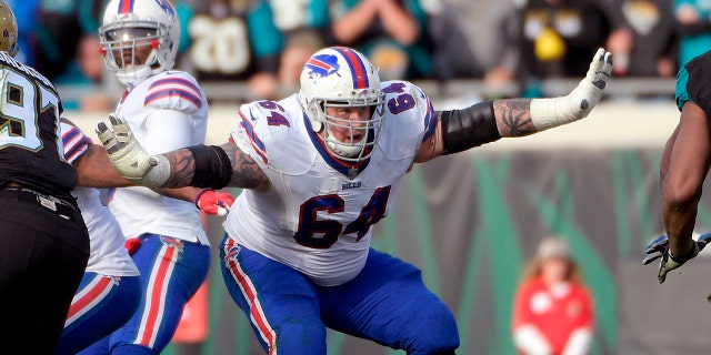 Buffalo Bills offensive guard Richie Incognito (64) sets up to block against the Jacksonville Jaguars during the second half of an NFL wild-card playoff football game in Jacksonville, Fla.