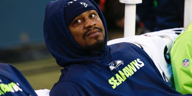 Nov 22, 2015; Seattle, WA, USA; Seattle Seahawks running back Marshawn Lynch (24) sits on the bench during the fourth quarter of a 29-13 Seattle victory against the San Francisco 49ers at CenturyLink Field. Mandatory Credit: Joe Nicholson-USA TODAY Sports
