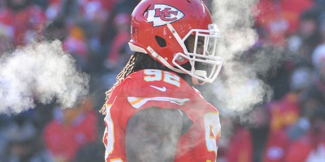 Dec 18, 2016; Kansas City, MO, USA; Steam rises from Kansas City Chiefs nose tackle Dontari Poe (92) before a play during a football game against the Tennessee Titans at Arrowhead Stadium. Tennessee won 19-17. Mandatory Credit: Denny Medley-USA TODAY Sports