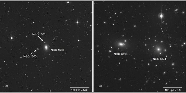 The elliptical galaxy NGC 1600 (left) harbors a very massive black hole with 17 billion times the mass of the Sun. Unlike other galaxies, where very massive black holes have been found (like NGC 4889, right), it is the largest of a small group of galaxies and not in a rich cluster. (MPE/Gemini Observatory)