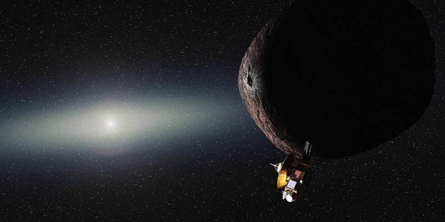 Artist's illustration of NASA's New Horizons spacecraft encountering a small Kuiper Belt object (KBO) beyond Pluto. The probe will fly by the KBO 2014 MU69 on Jan. 1, 2019, if NASA approves and funds a proposed