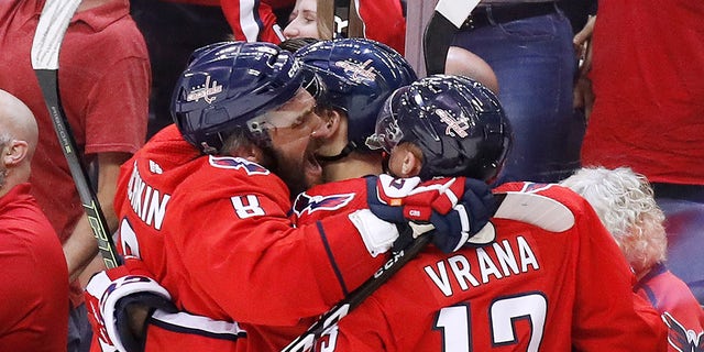 Washington Capitals forward Alex Ovechkin, left, and Washington Capitals forward Jakub Vrana, right, celebrate one of their team's goals against the Vegas Golden Knights during the third period.