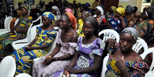 Chibok school girls released from Boko Haram captivity are seen in Abuja, Nigeria on Sunday, May 7, 2017.