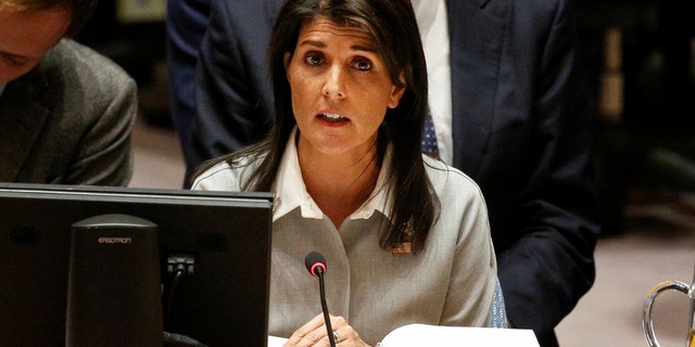 United States ambassador to the United Nations Nikki Haley addresses the U.N. Security Council meeting on the situation in the Middle East, including the Palestine, at the United Nations Headquarters in New York, U.S., December 8, 2017. REUTERS/Brendan McDermid - RC1C584979C0