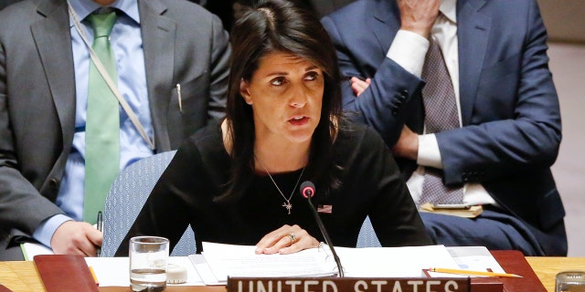 United Nations U.S. Ambassador Nikki Haley address a U.N. Security Council meeting on non-proliferation of weapons of mass destruction, Thursday Jan. 18, 2018 at U.N. headquarters. (AP Photo/Bebeto Matthews)