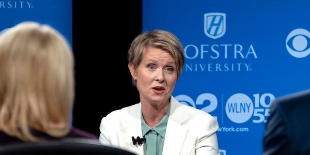Democratic New York gubernatorial candidate Cynthia Nixon answers a question during a gubernatorial debate with New York Gov. Andrew Cuomo at Hofstra University in Hempstead, N.Y., Wednesday, Aug. 29, 2018. (AP Photo/Craig Ruttle, Pool)