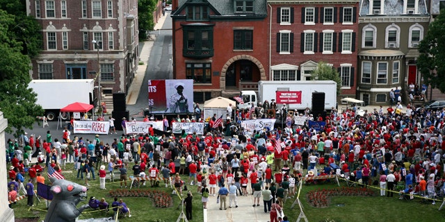 June 20: A large gathering of public employee union members and supporters protest in Trenton, N.J., outside the Statehouse over plans by Gov. Chris Christie to reduce benefits and limit collective bargaining over health care for public workers.